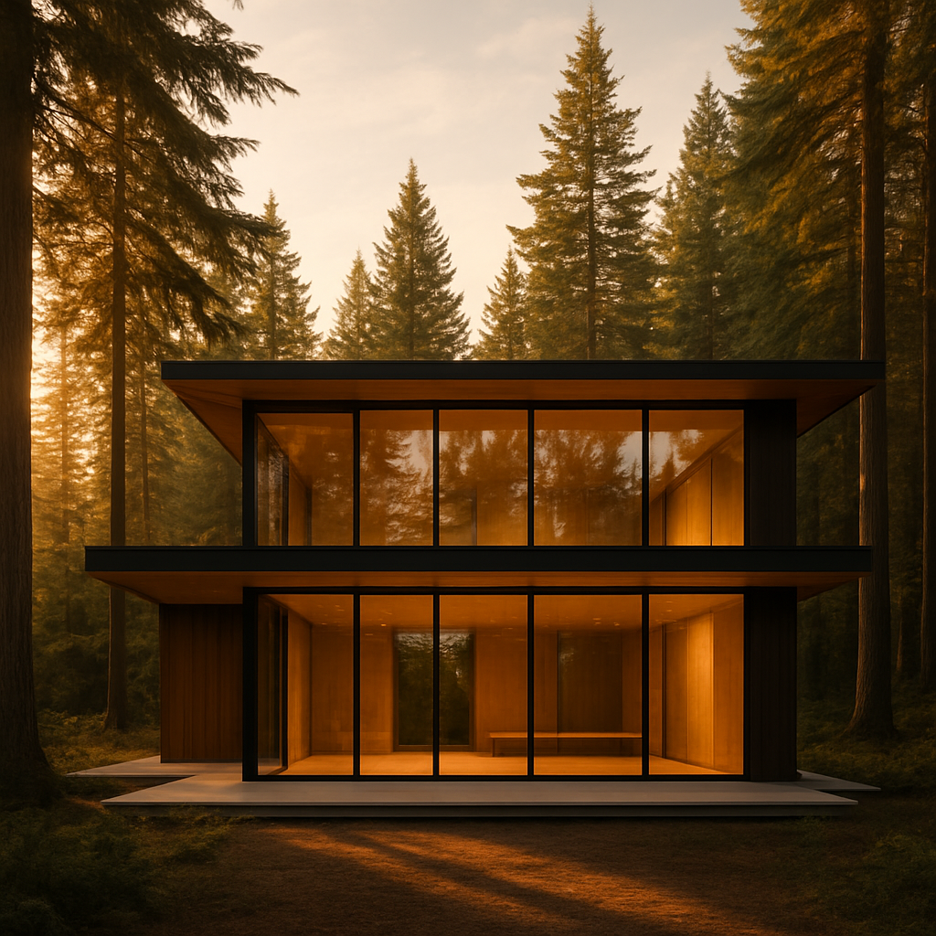 Bright living room with spotless floor-to-ceiling windows overlooking an evergreen forest and lake