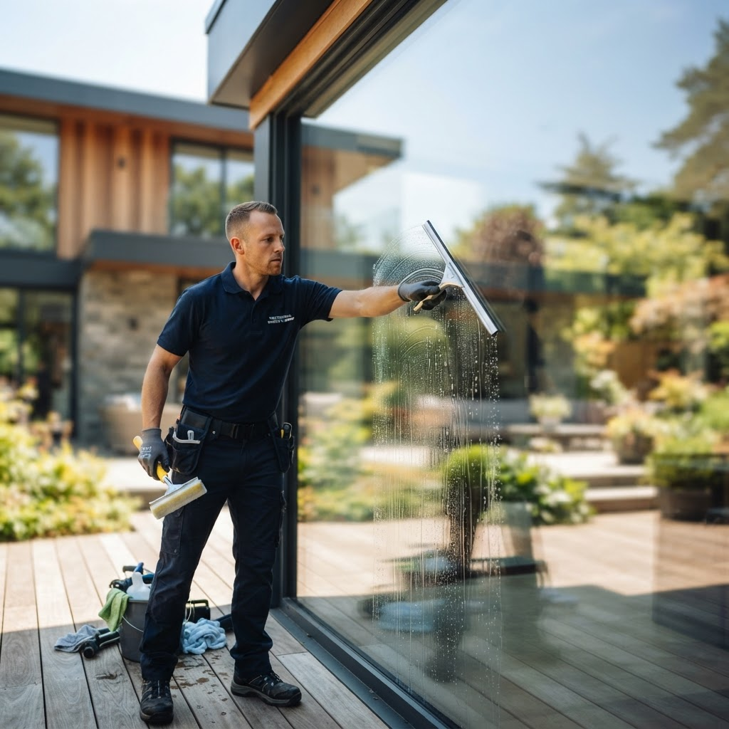 A professional in uniform cleaning a large window at a modern home
