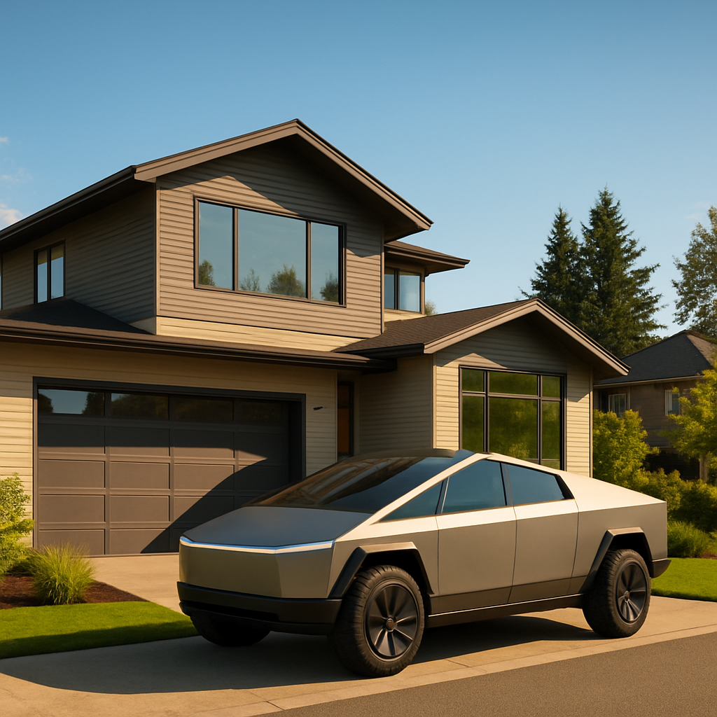 A modern Pacific Northwest suburban home with spotless windows and a Cybertruck parked in the driveway on a sunny day